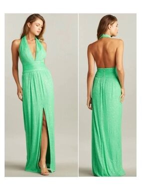 Tadashi Shoji Lime Green Halter Backless Sequin Gown